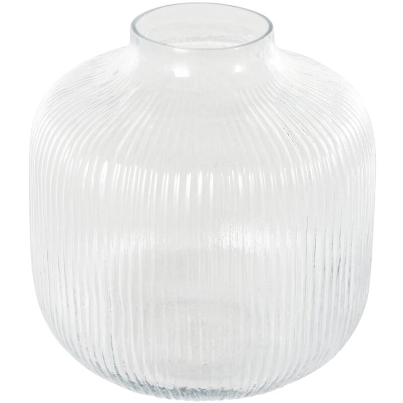 Glass Short Round Ribbed Fluted Vase - Clear - Roche River Decor - Clear - 10"W, 11"H