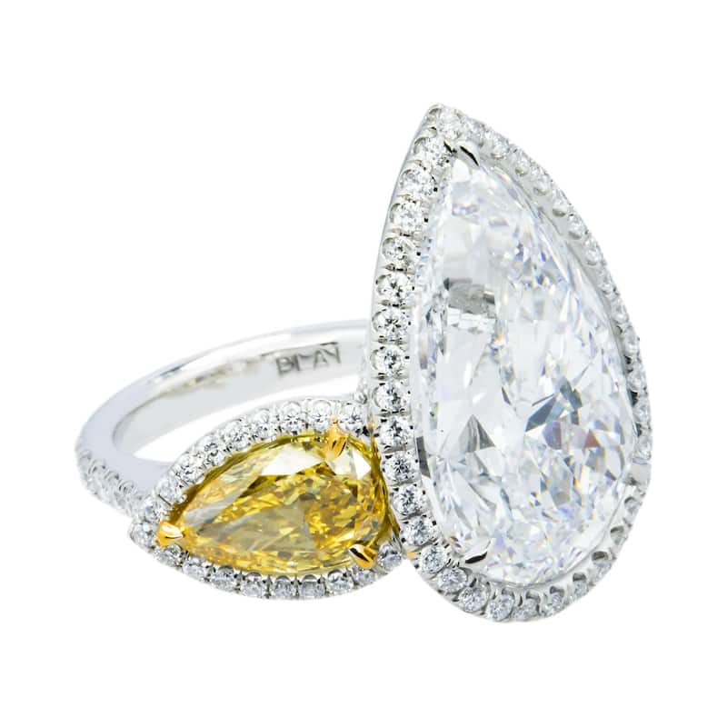 House Of Leon Platinum Triple Pear White & Fancy Yellow Diamond Ring 19.57ctw IGI