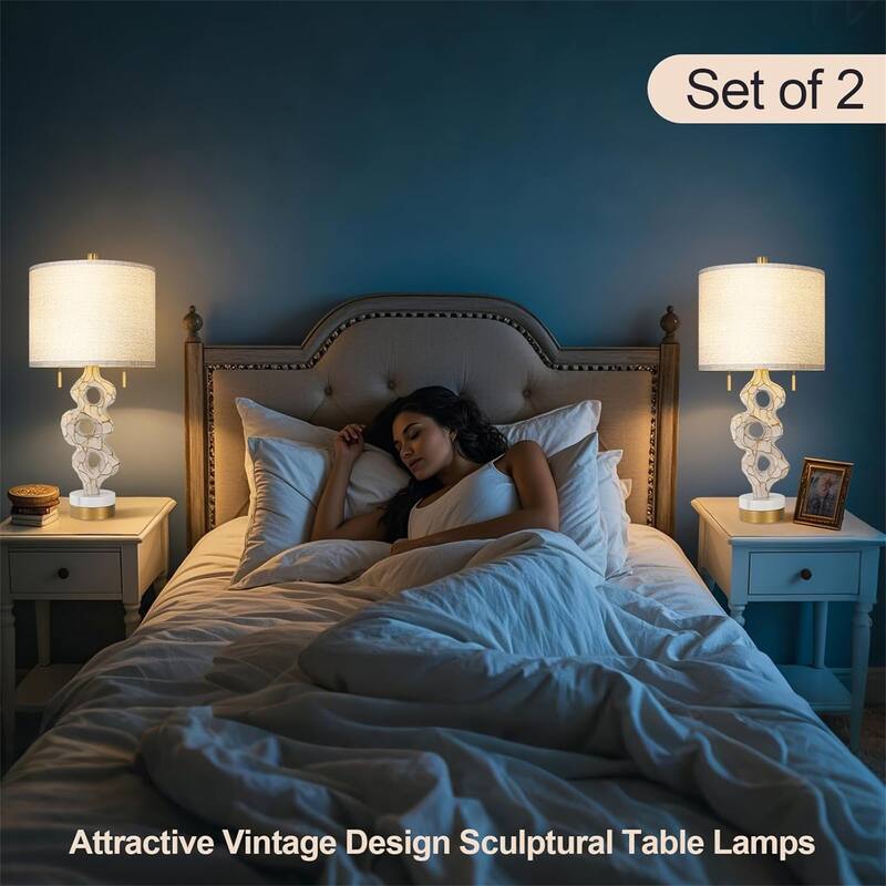 26” Farmhouse Bedside Lamp Rustic Linen Shade Bedside Lamp Marble Base with USB Port