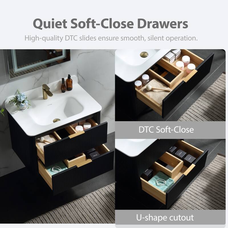 Modland Fluted Floating Vanity with Sink, Plywood Wall Mount Cabinet, Curved Edge, 24/30/36 Inch