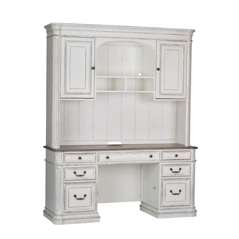 Magnolia Manor Antique White Weathered Bark Credenza & Hutch