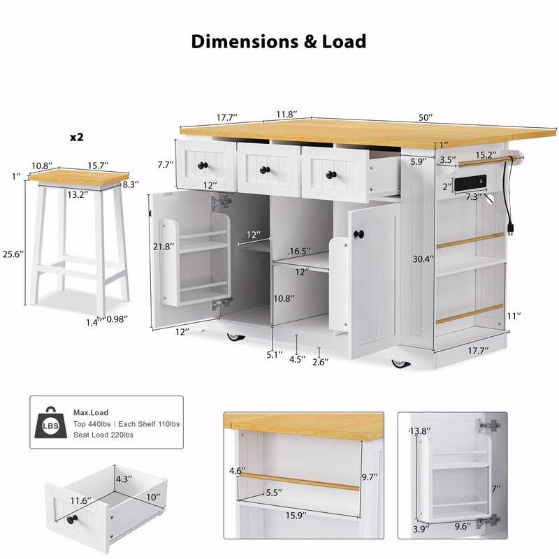 53" Rolling Kitchen Island with Drop Leaf, Power Outlet & Internal Door Storage, 5 Open Side Racks