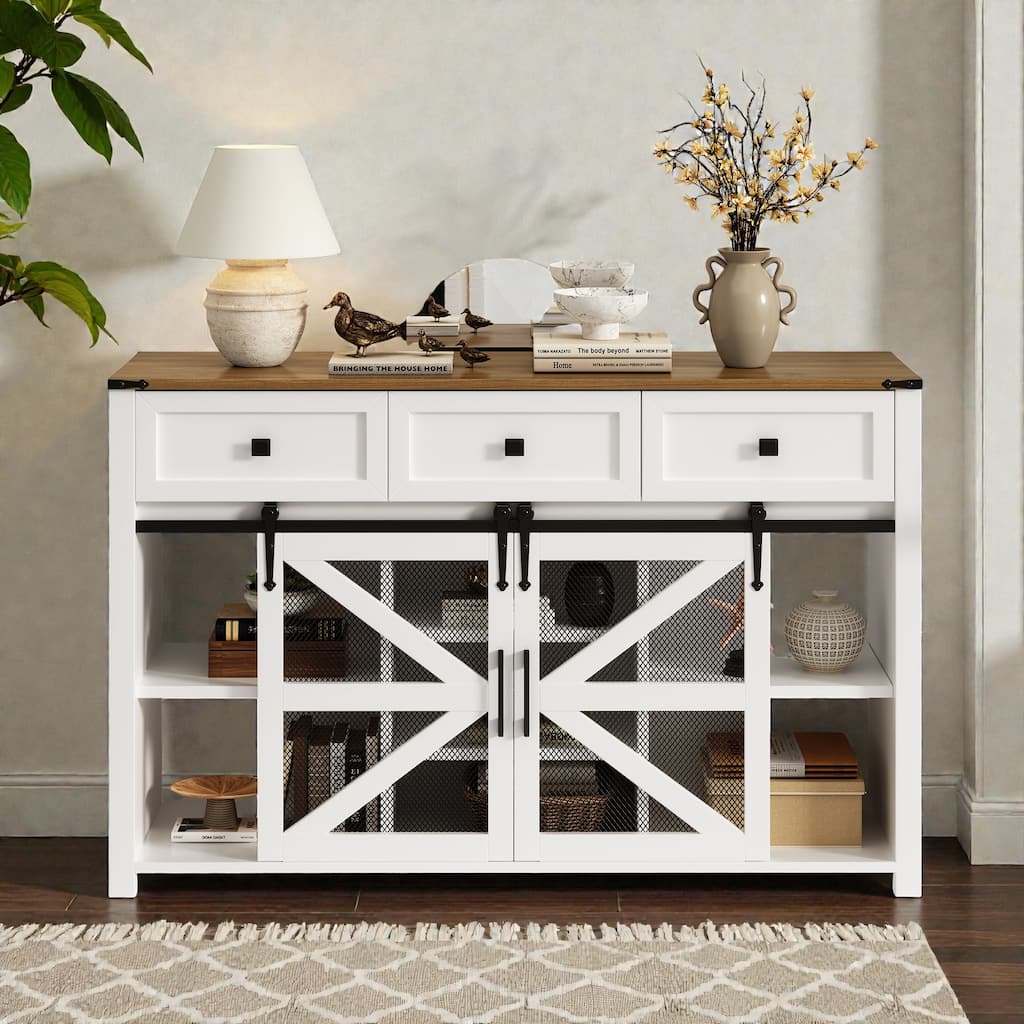 55" Sliding Barn Door Sideboard Buffet with 3 Drawers, Adjustable Shelves, Metal Mesh Doors & Aluminum Handles