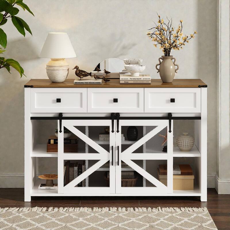 55" Sliding Barn Door Sideboard Buffet with 3 Drawers, Adjustable Shelves, Metal Mesh Doors & Aluminum Handles - White