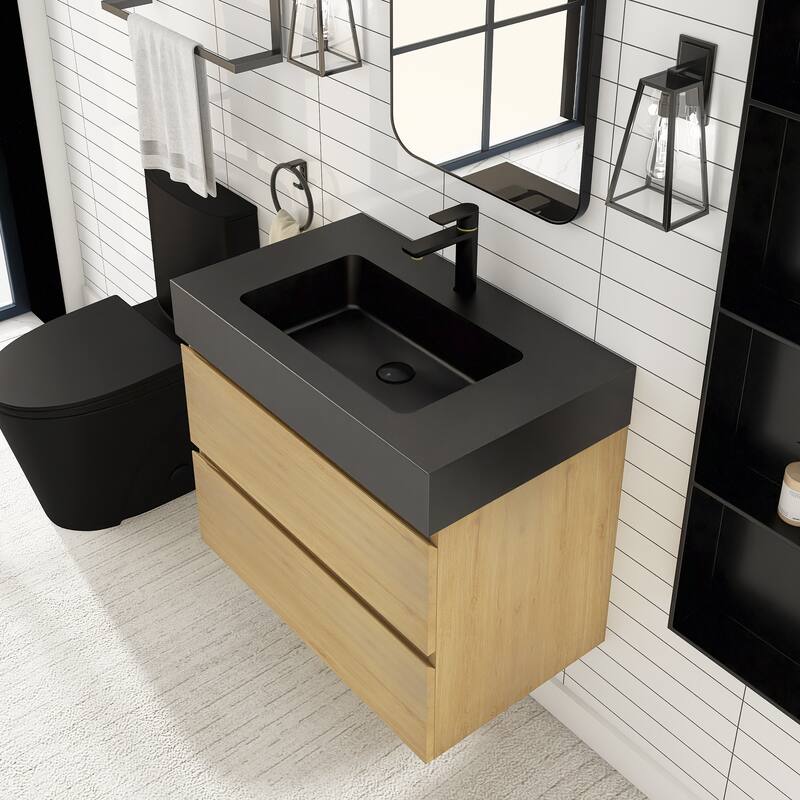 Floating Bathroom Vanity with Black Solid Surface Top