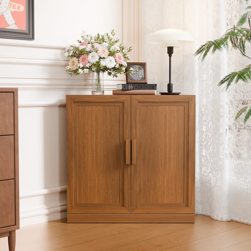 31"H Corner Sideboard Cabinet Free-Standing Corner Storage Organizer - Light Walnut