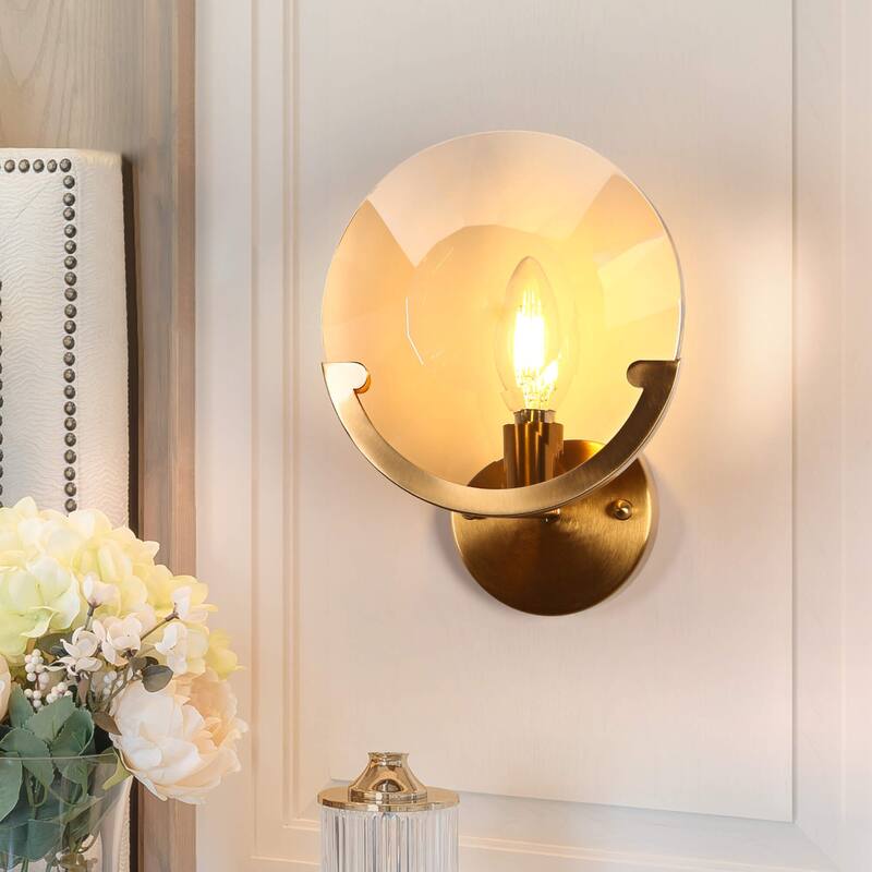 Modern Gold 1-Light Crystal Wall Sconce Bathroom Vanity Light - Dia. 7.9" x H 10.6"