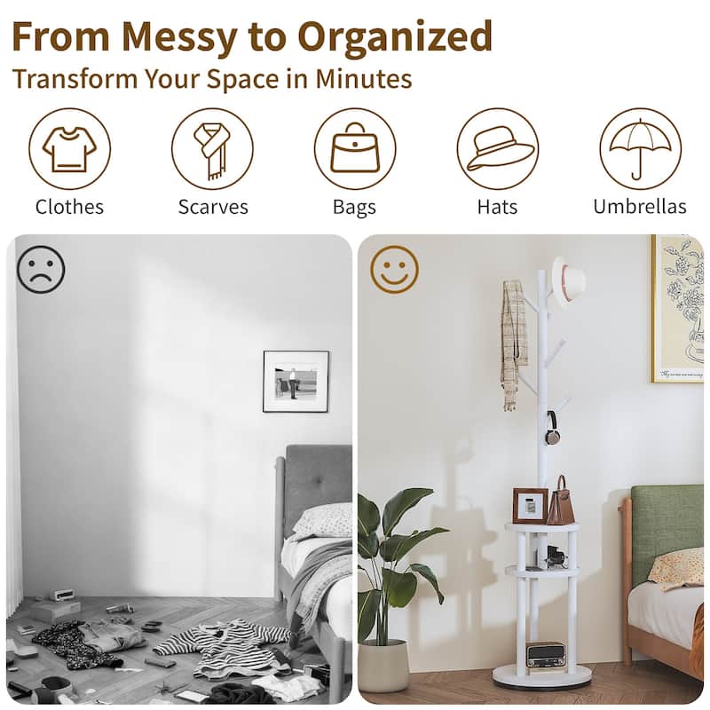 VECELO Modern Freestanding Coat Rack with 6 Branch Hooks Double Shelves, and Shoe Storage for Entryway Living Room Bedroom.