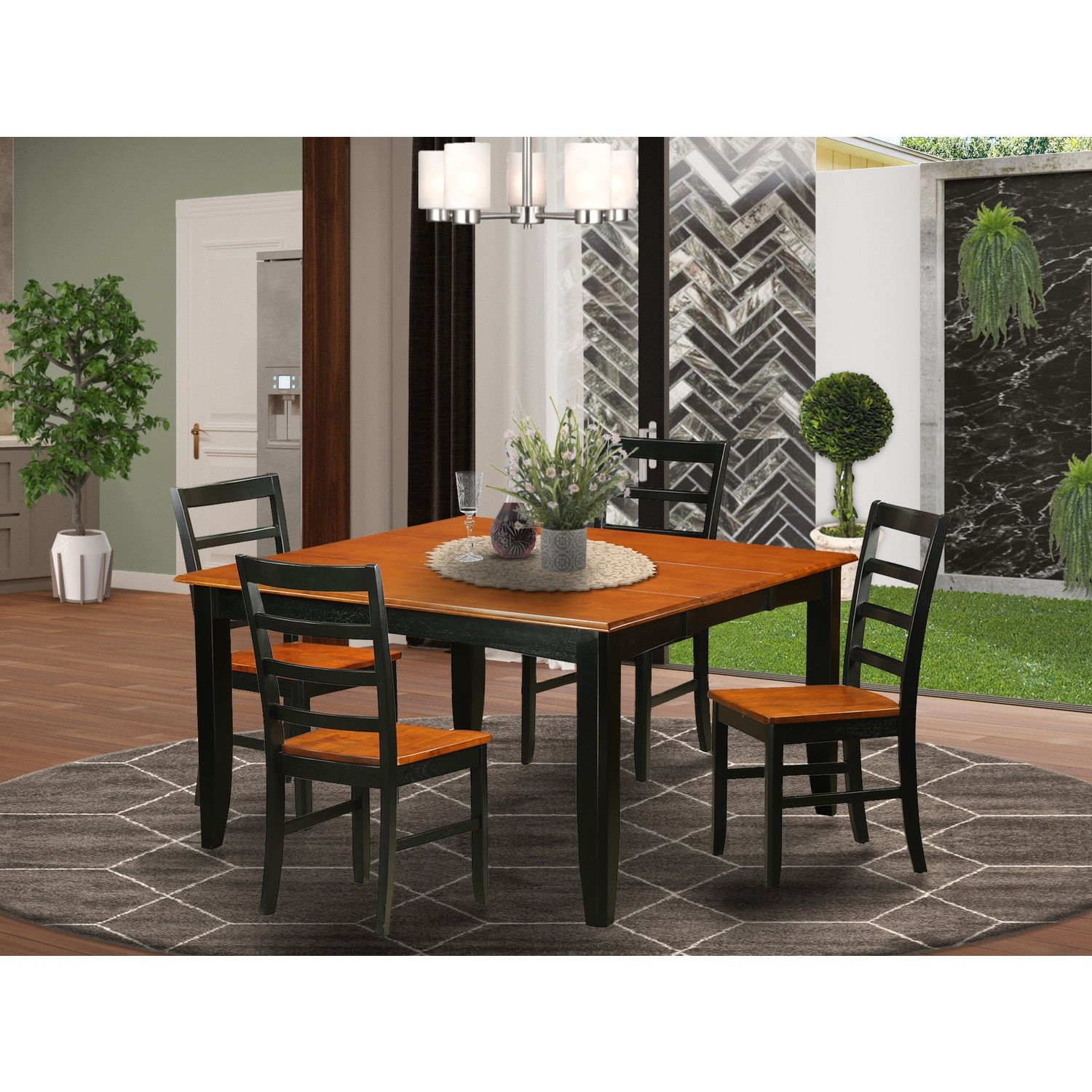 HomeStock 5-Piece Square Black and Cherry Finish Solid Wood Top Dining table with 4-Chairs