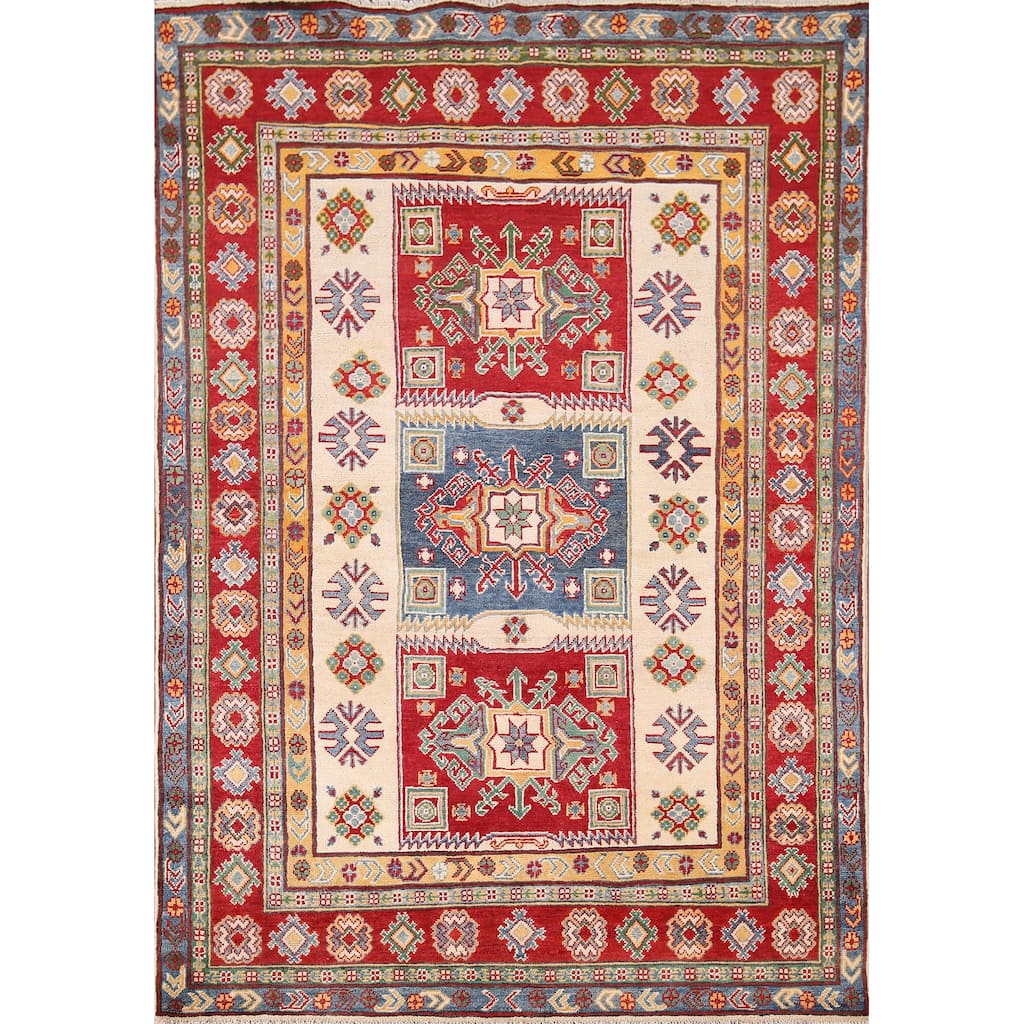 Beige Kazak Oriental Area Rug Handmade Wool Carpet - 5'2" x 6'9"