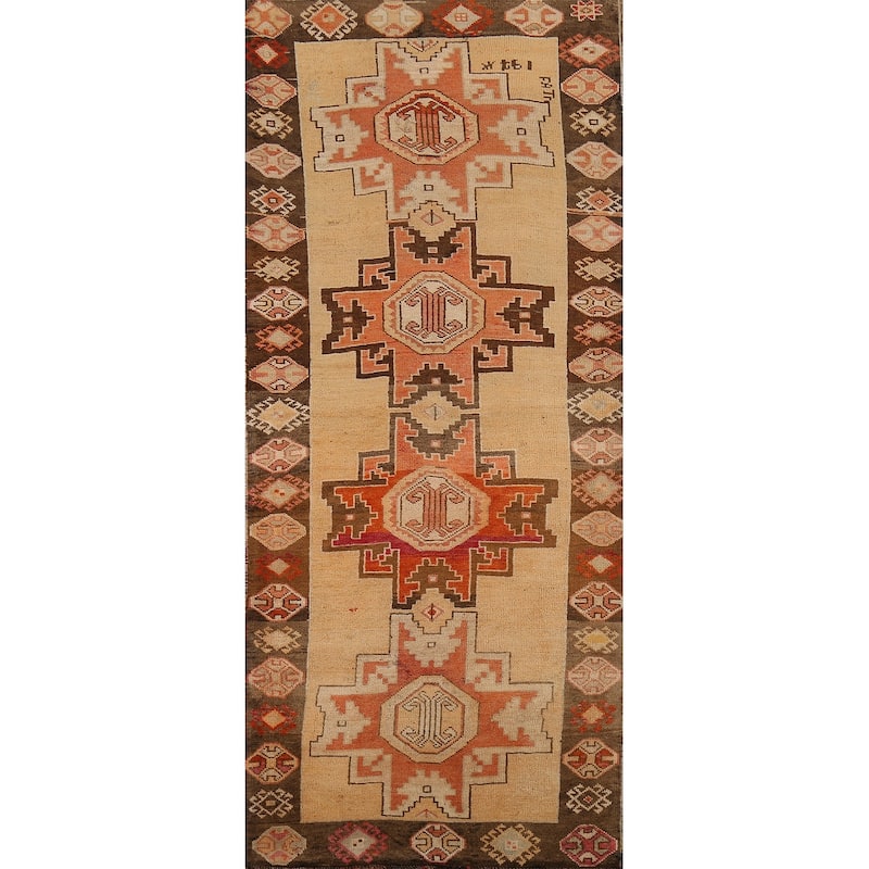 Anatolian Turkish Vintage Runner Rug Hand-Knotted Tribal Wool Carpet - 3'7"x 9'3"