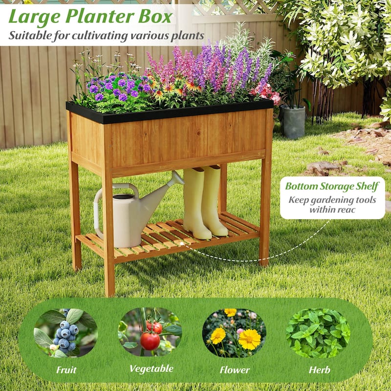 Gymax Wooden Raised Garden Bed w/ Legs Liner Storage Shelf Large