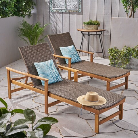 Hampton Outdoor Rustic Acacia Wood Chaise Lounge with Wicker Seating (Set of 2) by Christopher Knight Home