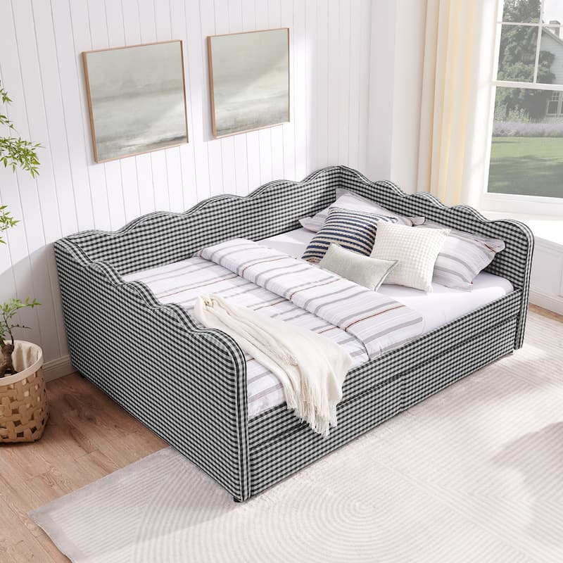Full/Queen Gingham Daybed with 2 Storage Drawers, USB Port & Wave Shaped Linen Fabric