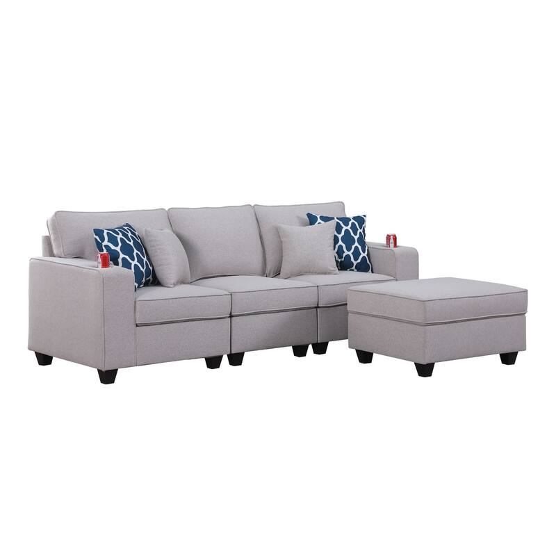 Linen Upholstered Sofa with Ottoman in Light Gray