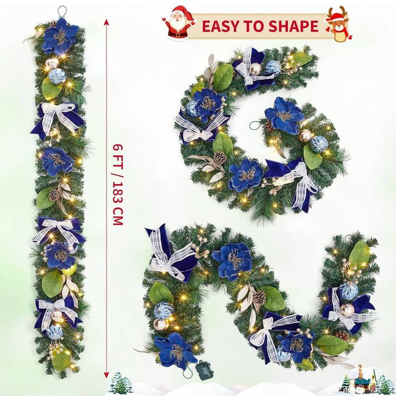 6ft Pre-Lit Outdoor Christmas Garlands with LED Lights Blue Balls Flowers - N/A