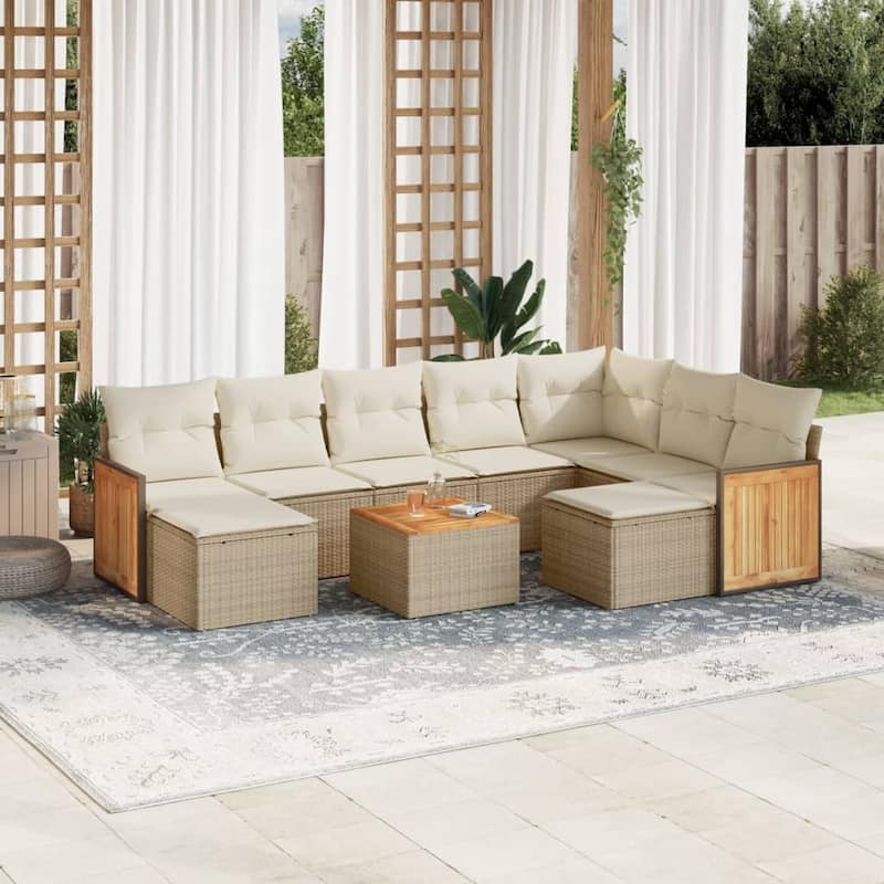 vidaXL Patio Sofa Set with Cushions Outdoor Conversation Furniture Poly Rattan - Beige and Cream-With table