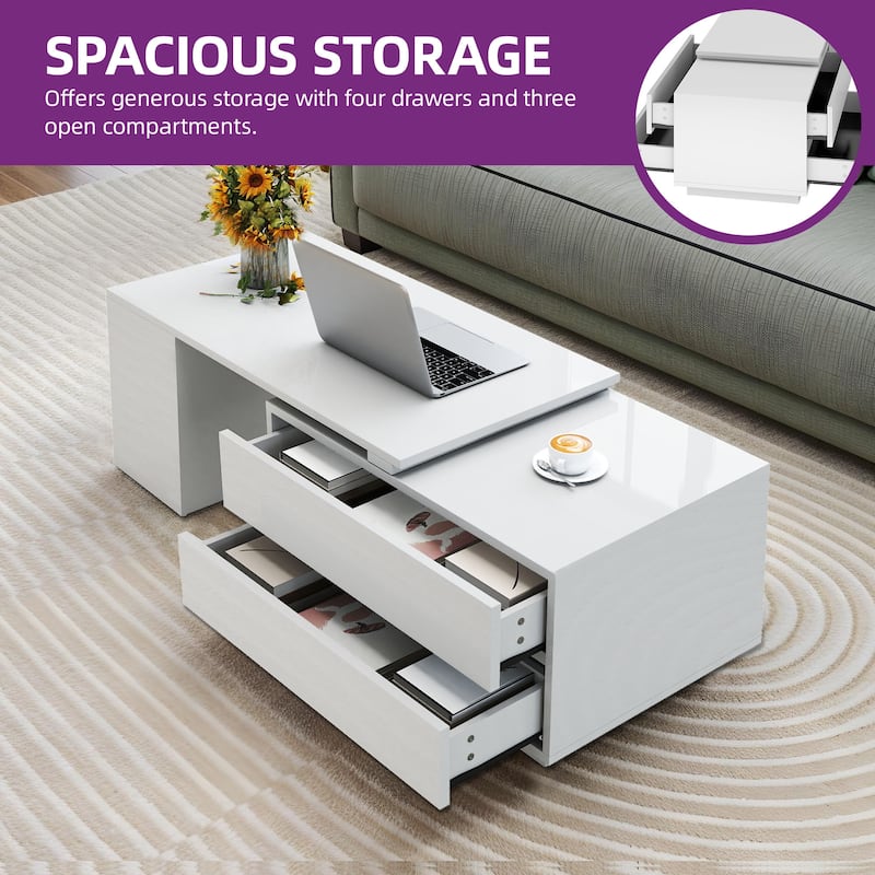 Moasis Modern Convertible Coffee Table w/4 Drawers and Open Shelves, LED Center Table for Living Room