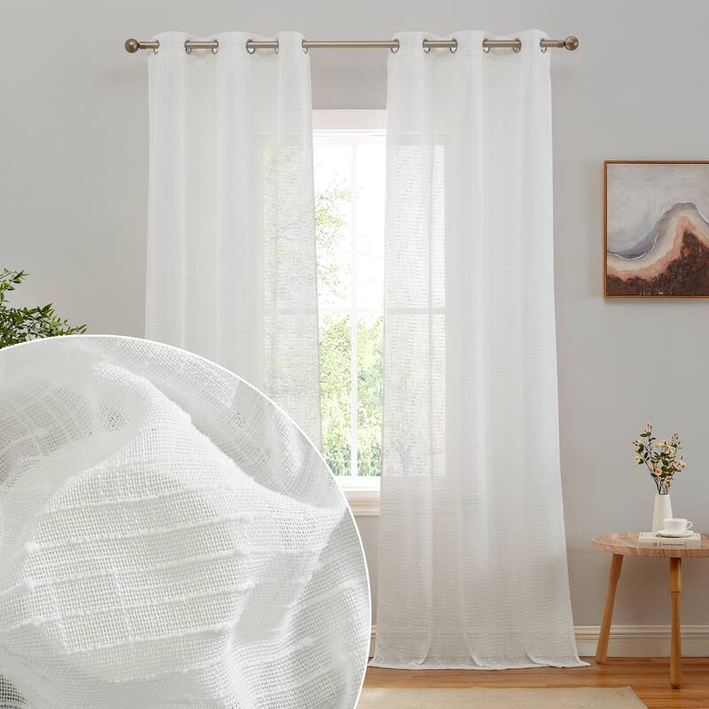 HLC.ME Emily Faux Linen Semi Sheer Light Filtering Transparent Grommet Lightweight Window Curtains Drapery Panels, 2 Panels - 37 W x 96 L - White
