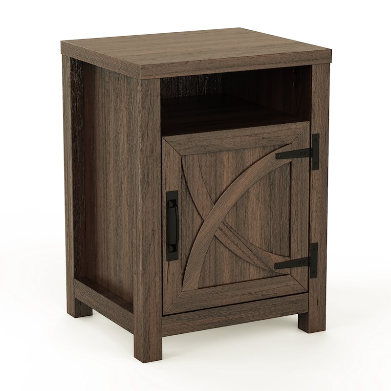 Farmhouse Brown Barn Door Nightstand Bedside Table Set of 2 with Open Compartment