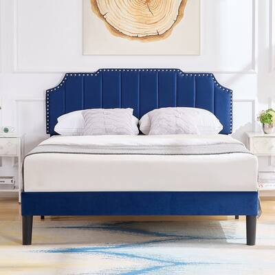 Javlergo Upholstered Platform Bed Frame with Height Adjustable Nailhead Trimmed Curved Headboard, No Box Spring Needed