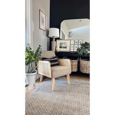 Rattan Armrest Fabric Upholstered Accent Chair