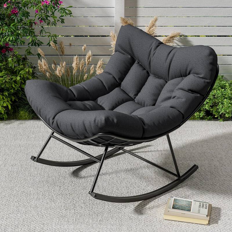 Outdoor Papasan Rocking Chair, Oversized Rocking Chair with Sturdy Metal Frame, Patio Rattan Egg - Grey