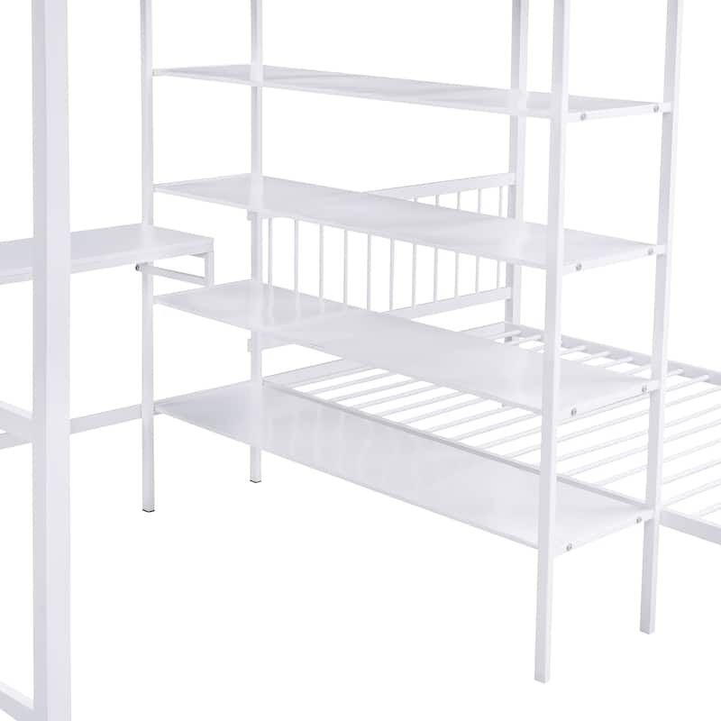 Full Over Twin Bunk Bed with Built-in Desk & Ladder, Space-Saving Metal Bunk Bed Frame w/Storage Shelves for Kids Teens Bedroom