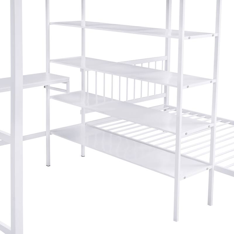 L Shaped Full Over Twin Bunk Bed with Built-in Desk and Storage Shelves, Metal Bedframe with Guardrails for Kids, Teens