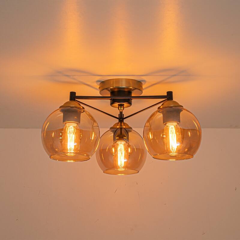 3 Lights Gold Flush Mount Ceiling Light with Amber Glass Globes - Dia.17.72-in
