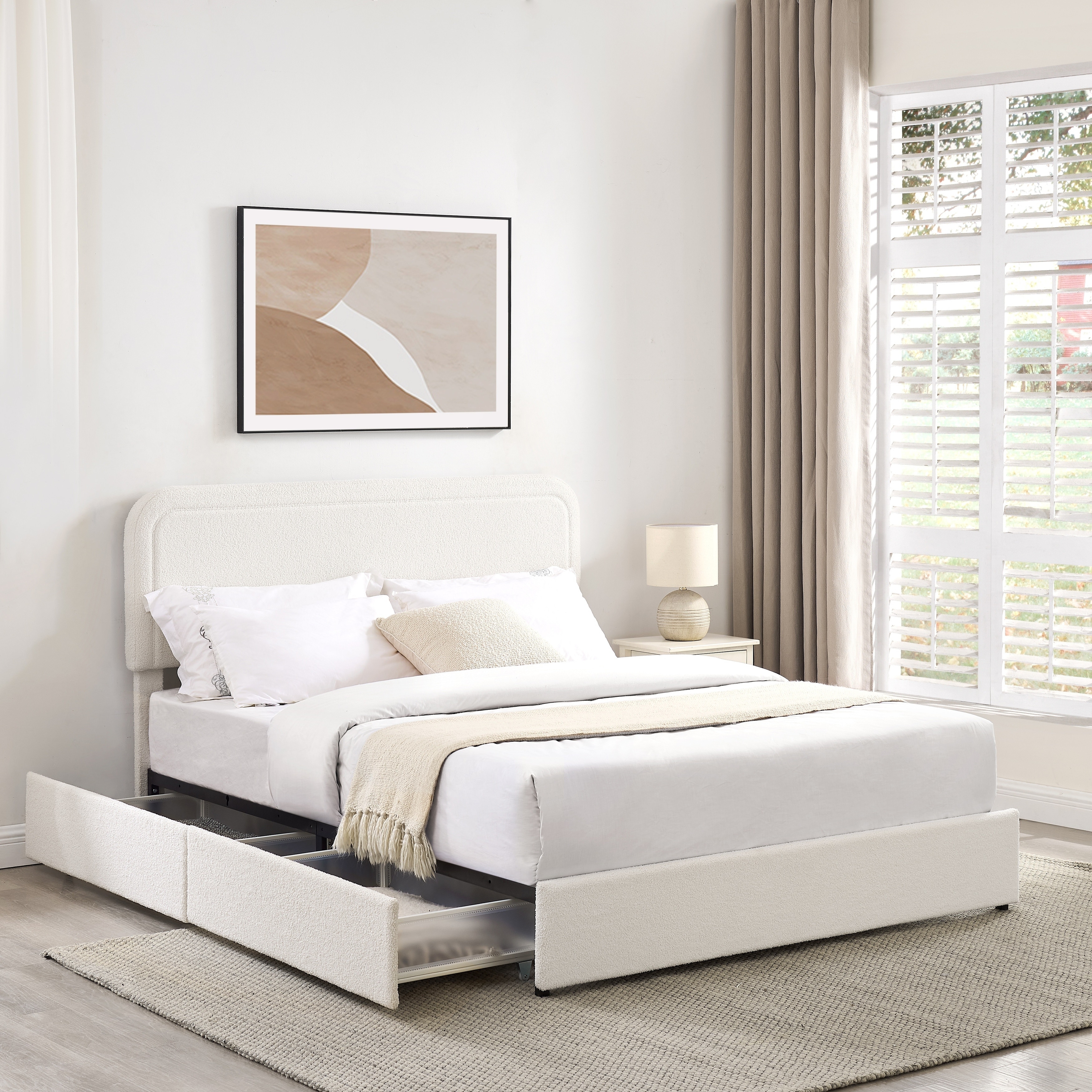2-Drawers Storage Bed Queen Size Ivory Boucle Upholstered Platform Bed