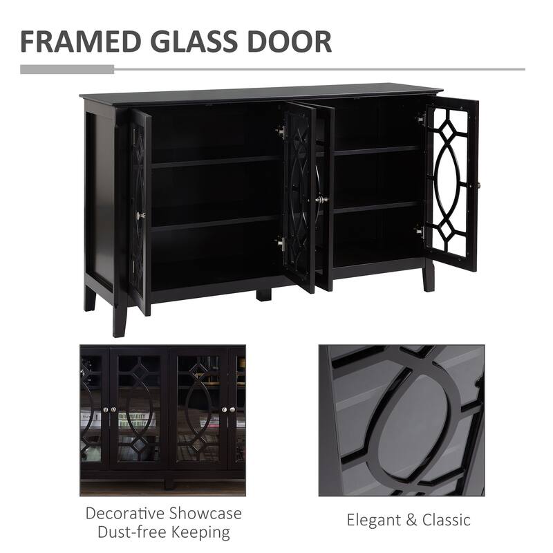 HOMCOM Wood Accent Sideboard Buffet Serving Storage Cabinet with 4 Framed Glass Doors, Adjustable Shelves - 54"W x 15.5"D x 32"H