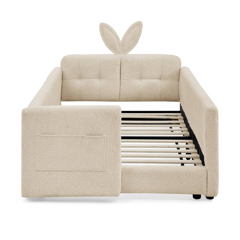 Roomfitters Twin Upholstered Platform Bed with Rabbit Ear Headboard, Safety Rail and Side Pocket, Boucle Fabric