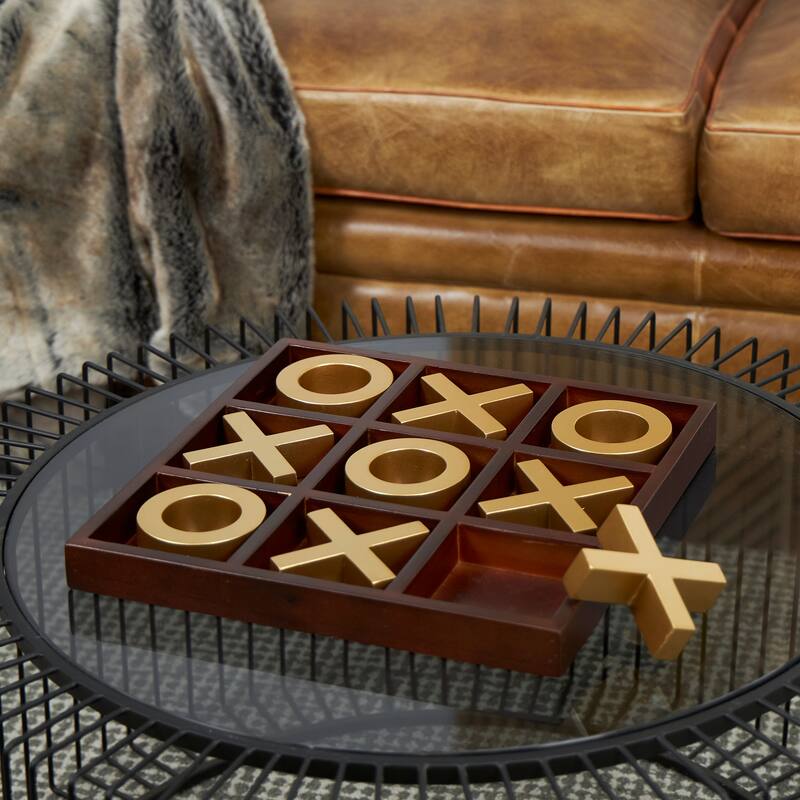 Brown Wood Tic Tac Toe Game Set with Gold X and O Pieces