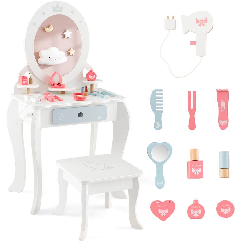 Kids 2-in-1 Princess Makeup Table and Chair Set with Removable Mirror-White - 19.5" x 13.5" x 36.5"