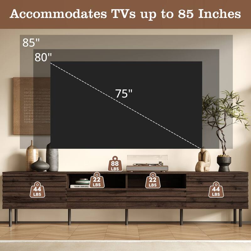 TV Stand for TVs up to 85", Entertainment Center with 2 Drawer & 2 Cabinet, Open Shelves, Wood TV Console with Cable Management