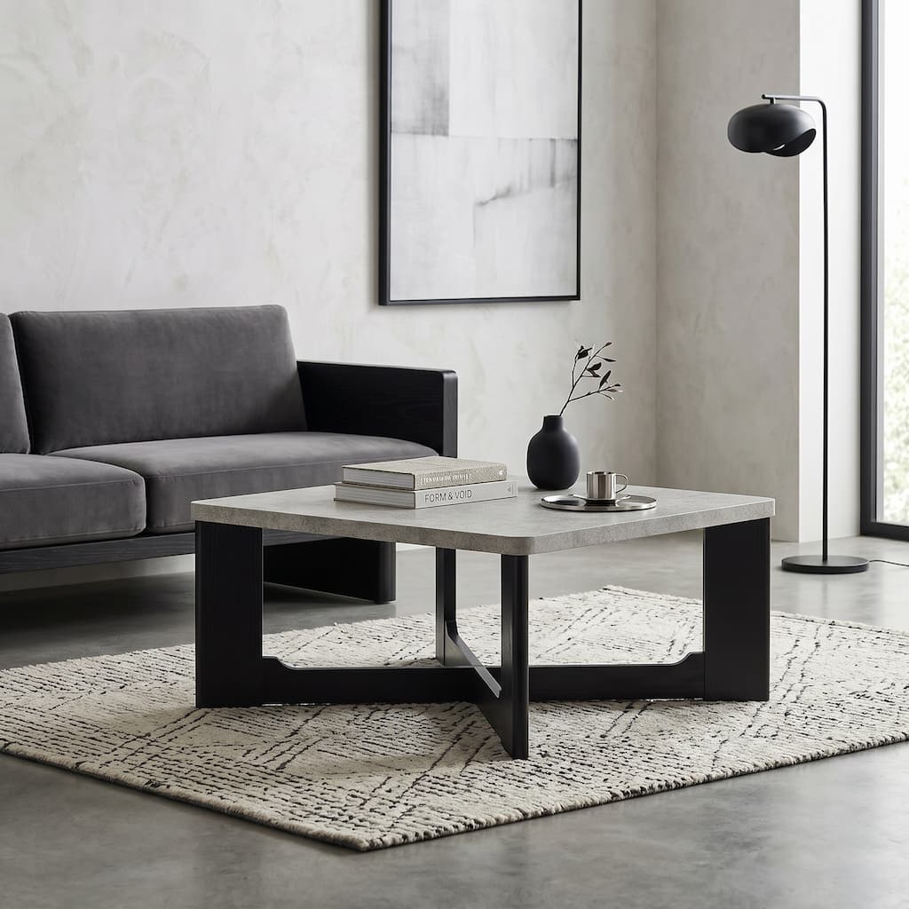 Roundhill Furniture Levitus Modern Square Coffee Table, Faux Concrete Gray with Black Wood Grain Finish