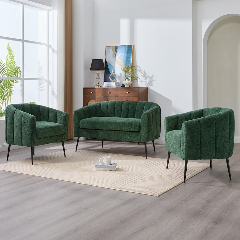 3-Piece Chenille Small Living Room Furniture Set with Metal Legs,Channel Tufted Sofa Conversation Set,Loveseat & 2 Accent Chair - Green