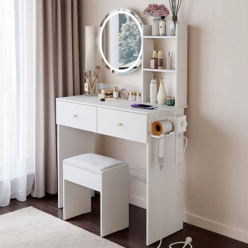 KISRAIS 31.5" Vanity Desk with Mirror, Light, Power Station, and Hair dryer bracket