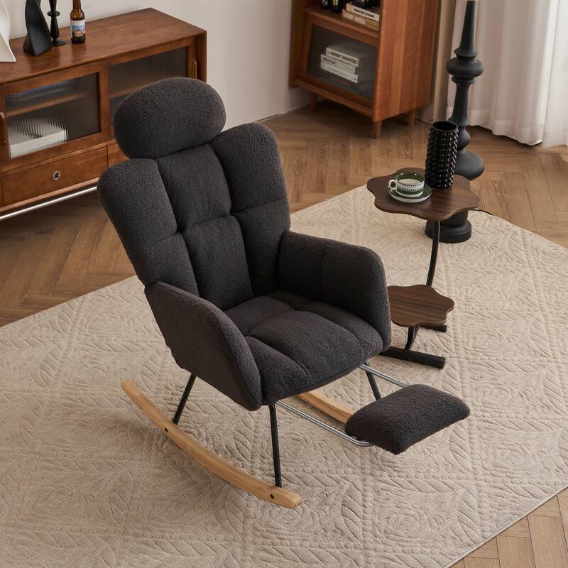 Teddy Fabric Upholstered Modern Nursery Rocking Chair with Footrest & High Backrest - Dark Grey