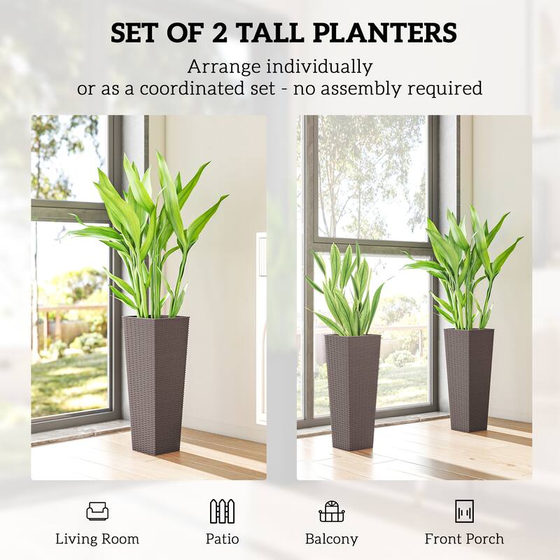 Outsunny 23.6 Inch Tall Planters for Outdoor Plants, Set of 2 Plastic Rattan-Like Flower Pots Front Porch