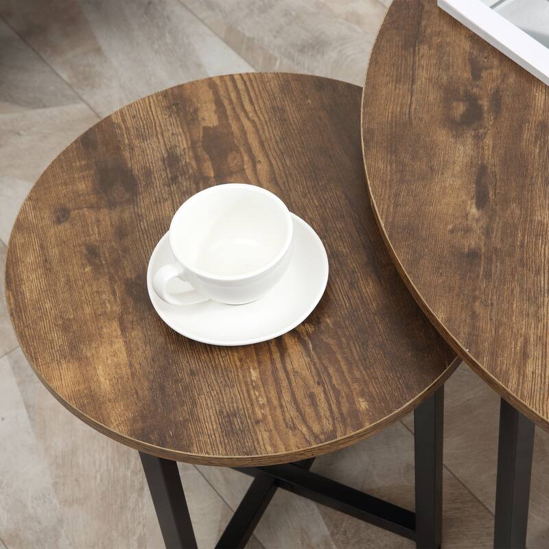 Round Coffee Table Set of 2, Industrial Living Room Tables with Metal Frame, Circle Coffee Tables for Living Room