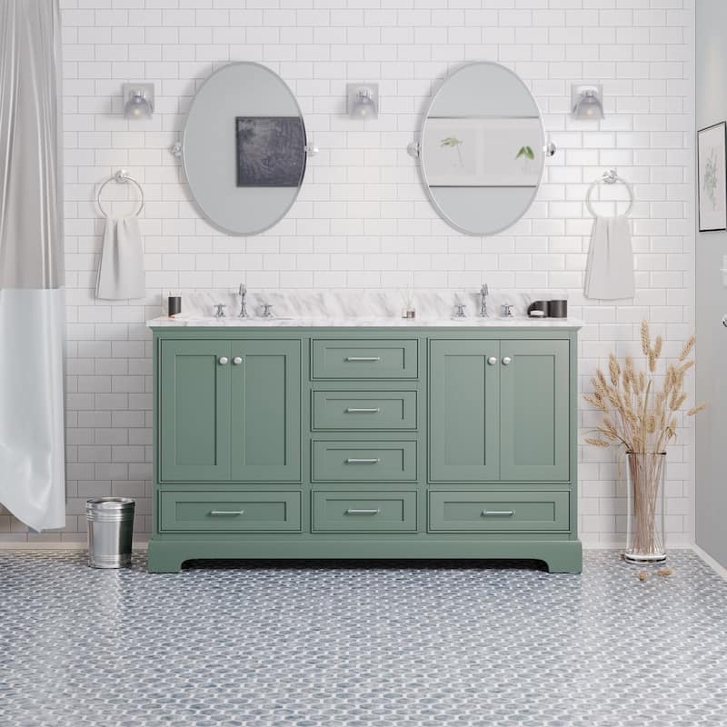 KitchenBathCollection Harper 60" Double Bathroom Vanity with Carrara Marble Top - Sage Green
