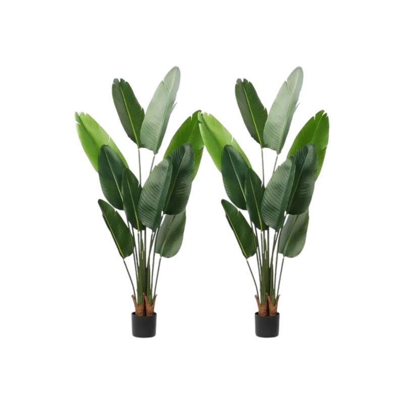 HomeRoots Set of two 63" Green Artificial Banana Leaf Tree in a Black Pot - 6.69 in. x 62.99 in. x 6.69 in.