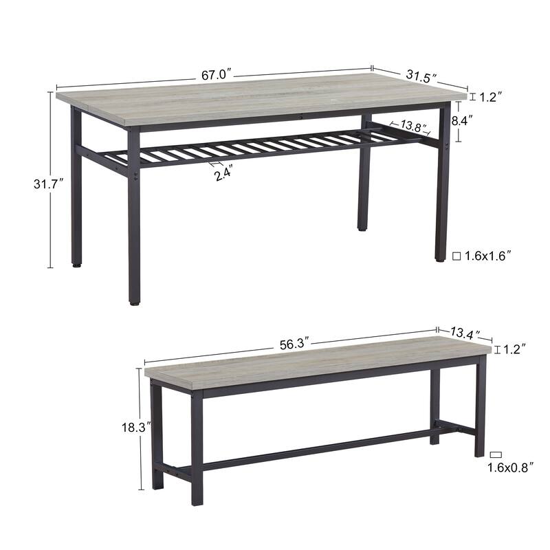 Rectangular 3Piece Fixed Dining Table Set with Bench Seating and