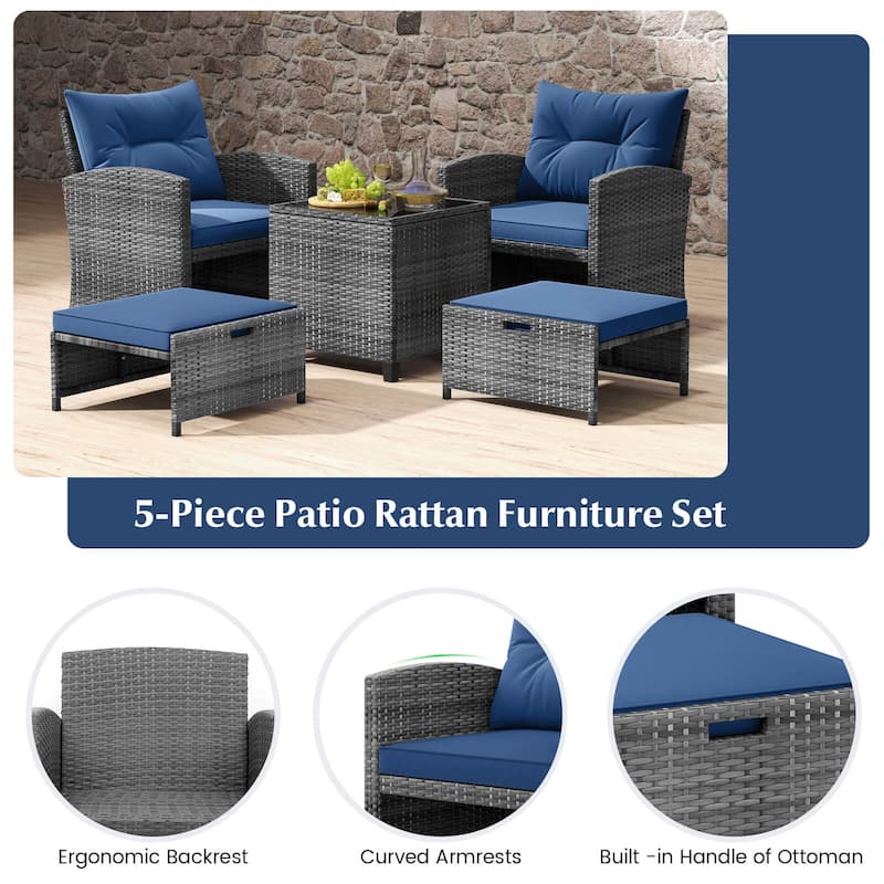 Costway 5 Piece Patio Rattan Furniture with 2 Ottomans & Tempered - See Details