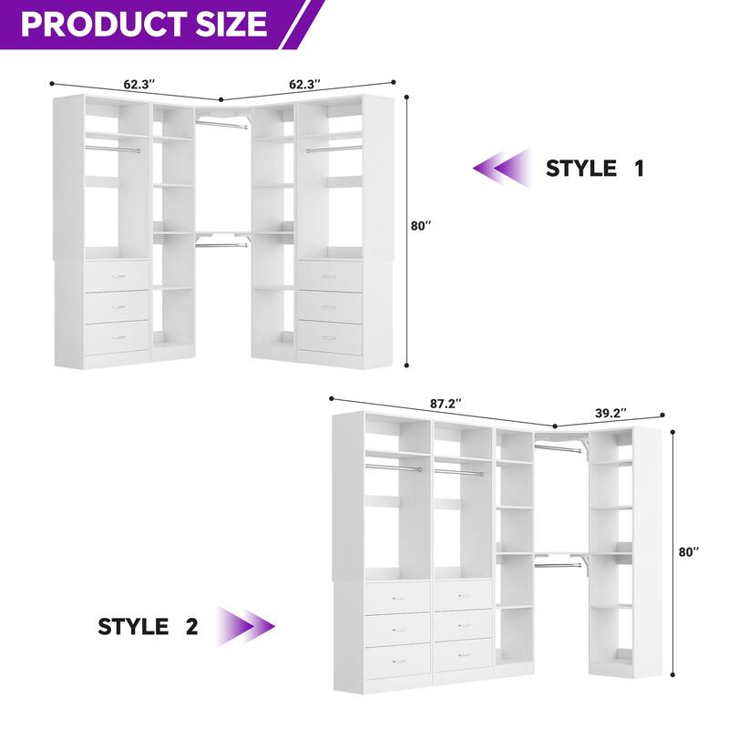 Corner Closet System with 6 Drawers & 4 Hanging Rods,Set of 3,Reversible Walk-in Closet Organizer System with Adjustable Shelves
