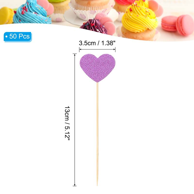 50Pcs Heart Cupcake Toppers,Star Cupcake Picks Birthday Decoration - Dark Pink