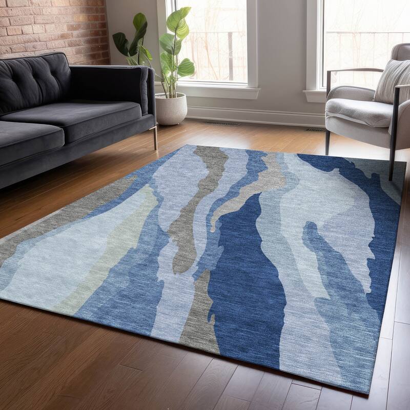 Machine Washable Indoor/ Outdoor Abstract Contemporary Chantille Rug - Blue - 10' x 14'