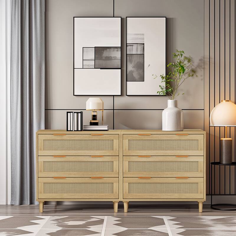Rattan 3-Drawers Buffet Storage Cabinet (Set of 2)